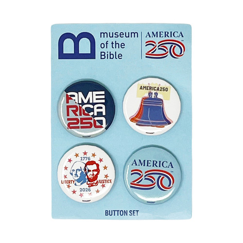 The image shows a package of four patriotic buttons.