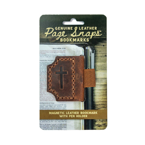 The image shows a  Page Snaps genuine leather bookmark in brown.