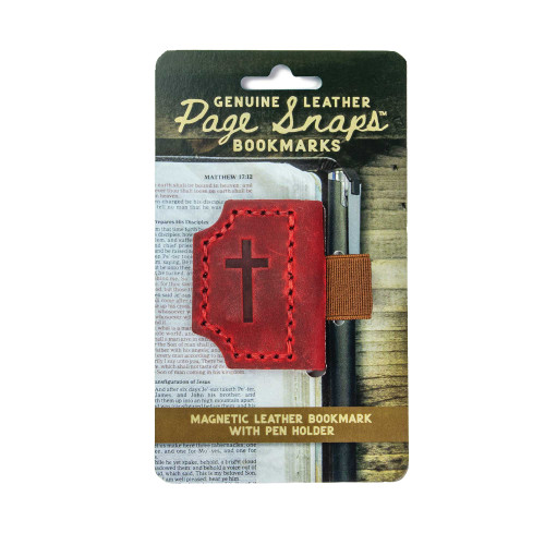 The image shows a Page Snaps genuine leather bookmark in red.