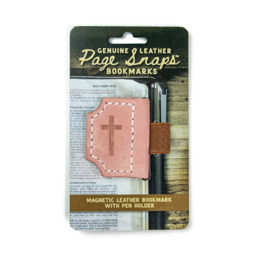 The image shows a Page Snaps genuine leather bookmark in pink.