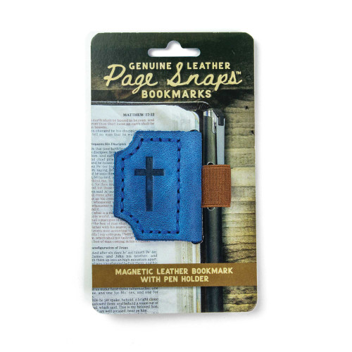 The image shows a Page Snaps genuine leather bookmark in blue.
