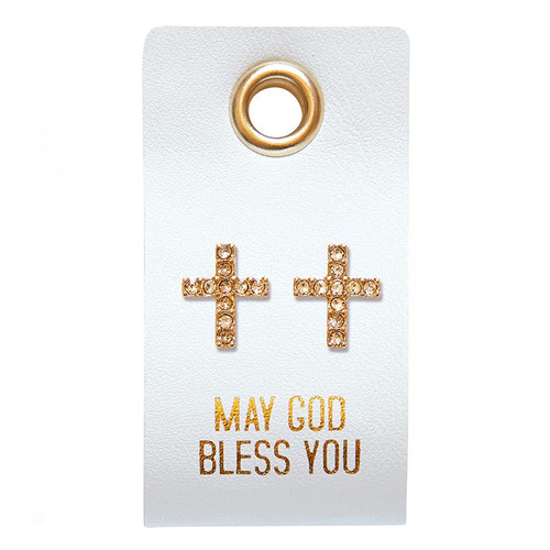 The image shows these God Bless You cross stud earrings on its packaging. 
