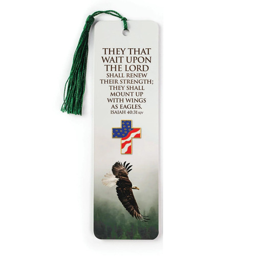 The image shows a "Wings as Eagles" bookmark with a pin.