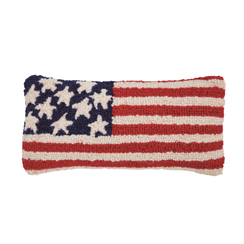 The image shows the front of an American Flag hook wool mini pillow.