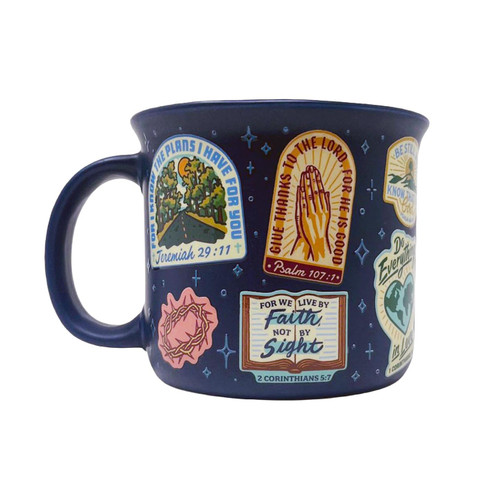 The image shows the navy mug with Scripture-style badges.