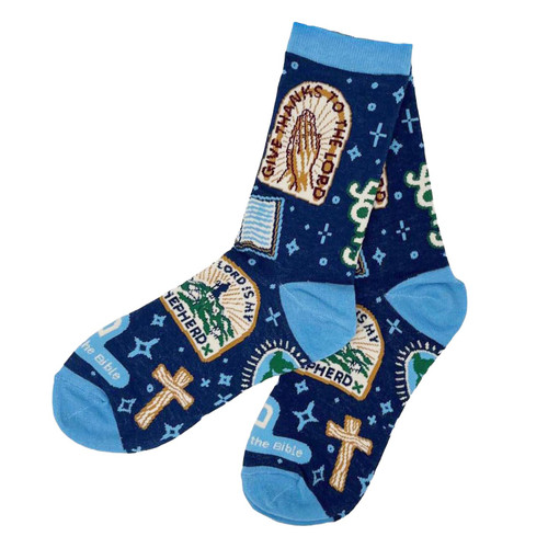 The image shows a pair of Scripture art socks.