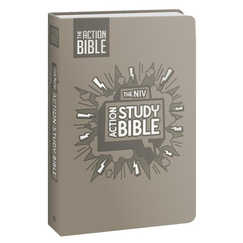 The image shows the cover of The NIV Action Study Bible with a gray Leathersoft cover.
