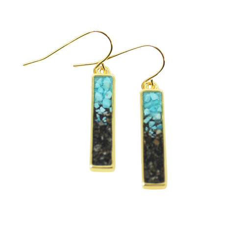 The images show a pair of  Explorer Var earrings made with earth from the Sea of Galilee and turquoise stones.  