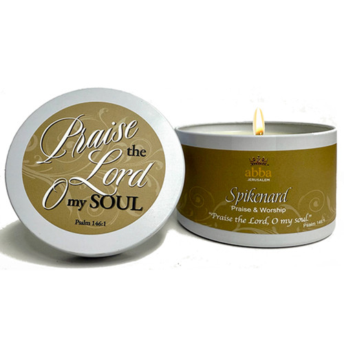 Spikenard Scripture Tin Candle – “O Praise the Lord, O My Soul” (8 oz)