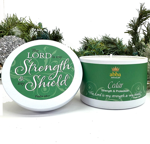 Cedar Scripture Tin Candle, Psalm 28:7 Lord Is My Strength 8 oz.