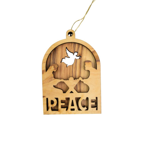 Olive Wood Bell Dimensional Ornament - Peace