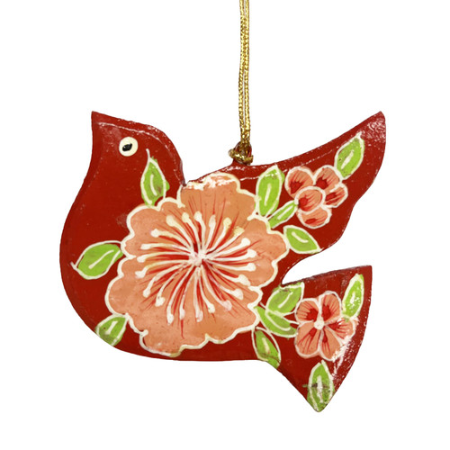 Paper Mache Dove Red and Floral Ornament
