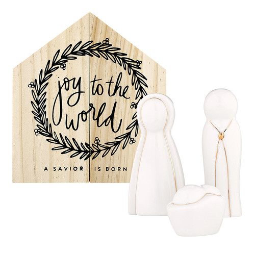 Holy Family Ceramic Figurines with Pine Wood Box 
