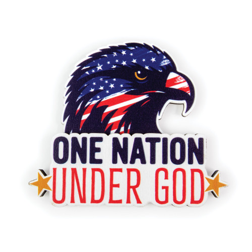 The image shows a One Nation Under God dimensional magnet featuring a bald eagle,  