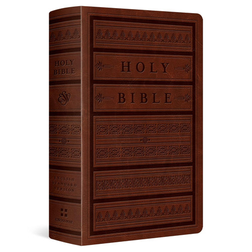 The image shows an angled view of this ESV Large Print Personal Size Bible in TruTone Brown.