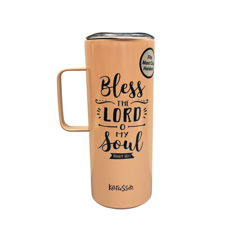 The image shows a stainless steel “Bless the Lord O My Soul” tumbler that holds 22 oz.