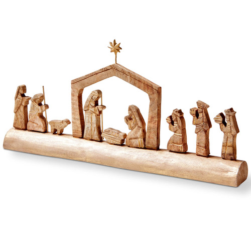 Nativity Scene On Carved Wood Log