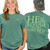 Image shows a woman and man showing the front and back of a shirt