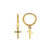 The image shows a close-up of a gold set of cross huggie earrings.