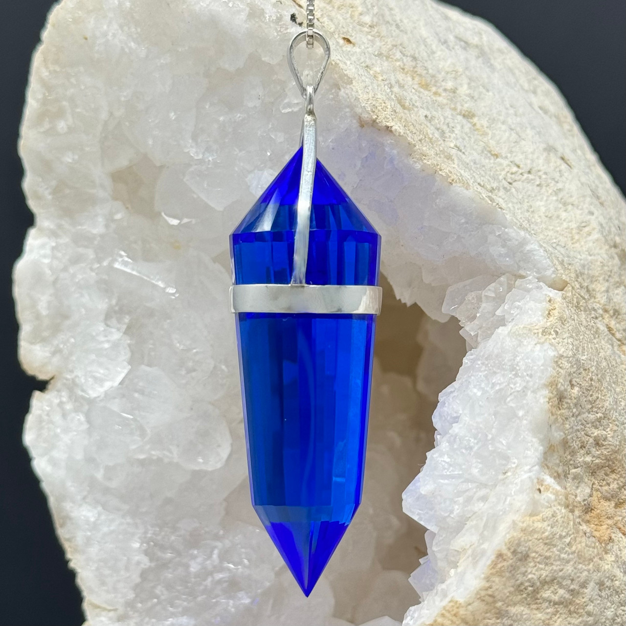 Siberian Blue Crystal Wand Pendant - 24 Facets in 990 Silver
