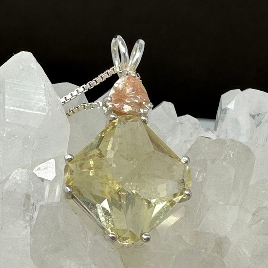 Golden Labradorite Magician Stone Crowned with Sunstone Trillion, Set in Silver