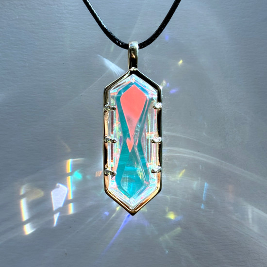 "Infinity" Pendant - Lemurian Clear Quartz w/ Cyan Dichroic Glass