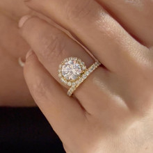 Slim Endless Loop 1.75mm halo setting engagement ring with pave diamond row in 18k yellow gold