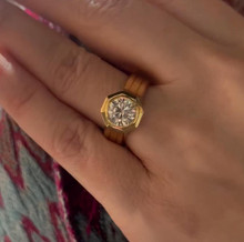 Shied Octagon Round Diamond Engagement Ring with a Triple Band