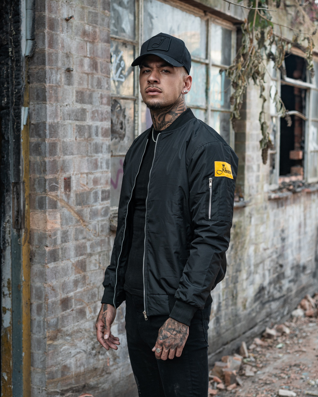 Black Zip-Up Logo Patch Bomber Jacket