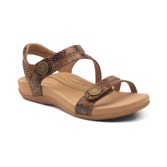 Aetrex Women's Jess Adjustable Quarter Strap Sandal in Brown Snake