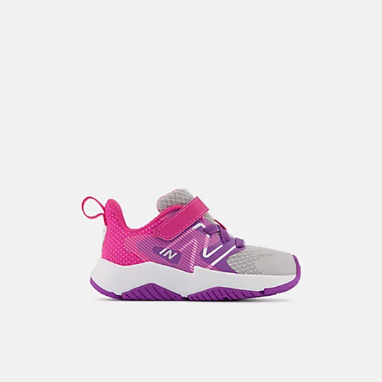 New Balance Toddlers Rave Run v2 Bungee Lace with Top Strap in Summer fog with mystic purple and hi-pink