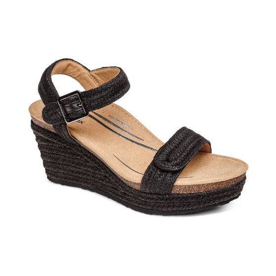 Aetrex Women's Sydney Quarter Strap Espadrille Wedge in Black Jute