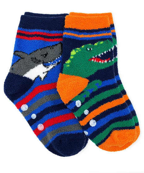 Jefferies Socks Dinosaur and Shark Fuzzy Slipper Socks 2 Pair Pack