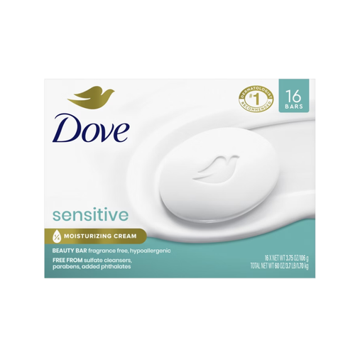 Dove Sensitive Skin Beauty Bar Soap, Hypo-Allergenic, 3.75 oz, 16 ct