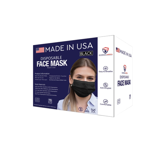 Sovereign America Disposable Face Mask, Adult Use, Black, 75 ct
