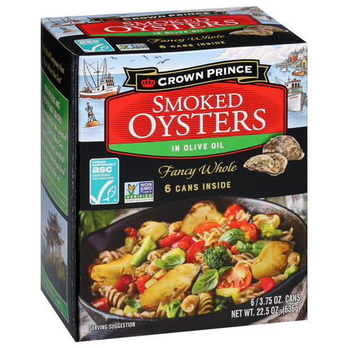 Crown Prince Smoked Oysters in Olive Oil, Fancy Whole, 3.75 oz, 6 ct