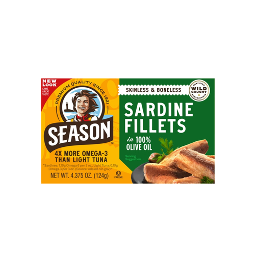 Season Sardine Fillets in 100% Olive Oil, Wild Caught, Skinless and Boneless, 4.375 oz, 6 ct