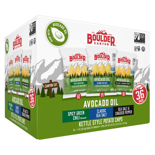 Boulder Canyon Avocado Oil Kettle Style Potato Chips, Variety Pack, 1 oz, 36 ct