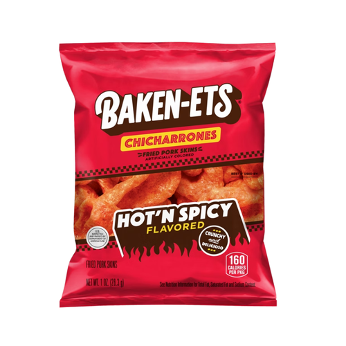 Baken-Ets Chicharrones Fried Pork Skins, Hot'n Spicy, 1 oz, 64 ct
