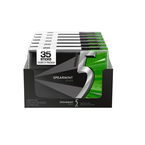 5 Gum Sugar Free Chewing Gum, Spearmint Rain, Mega Pack, 35 sticks, 6 ct