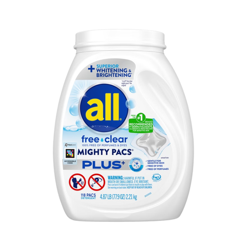 All Laundry Detergent Mighty Pacs, Free Clear Plus, HE Compatible, Unscented, 118 ct