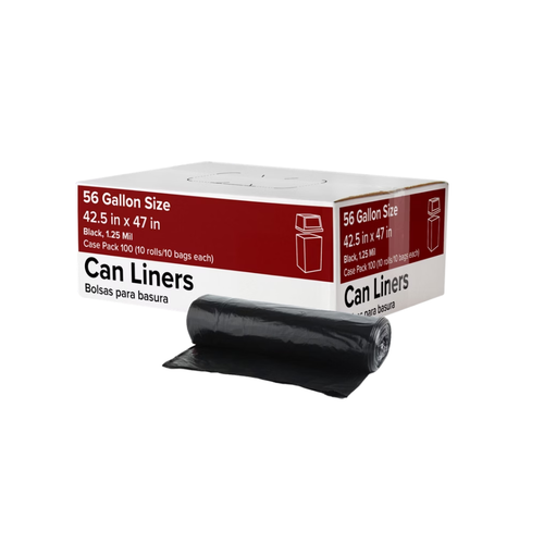 Trash Can Liners, 56 Gallon, 1.25 mil, Black, 100 ct