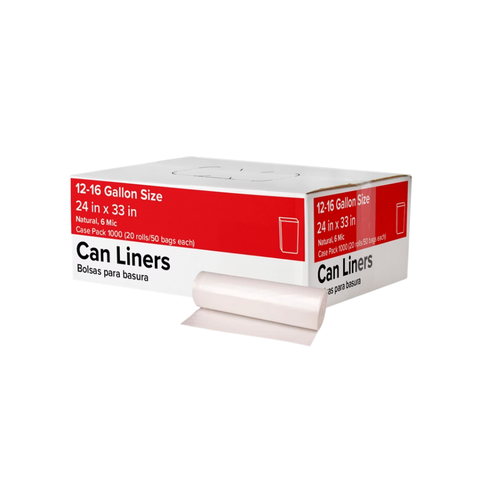 Trash Can Liners, 12-16 Gallon, 6 mic, Natural, 1000 ct