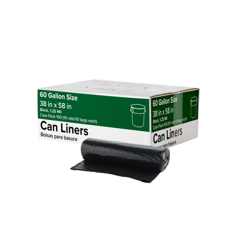 Trash Can Liners, 60 Gallon, 1.25 mil, Black, 100 ct