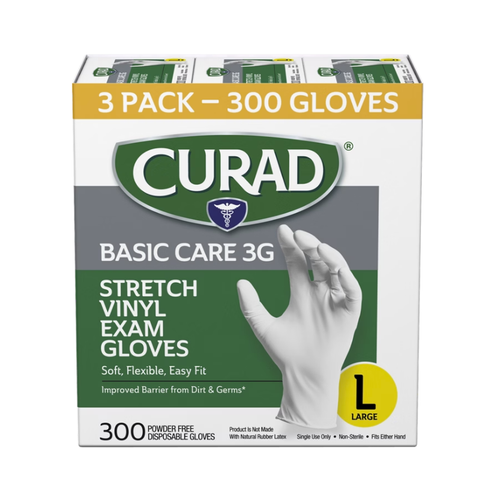 Curad Basic Care 3G Vinyl Exam Gloves, Large, 300 ct