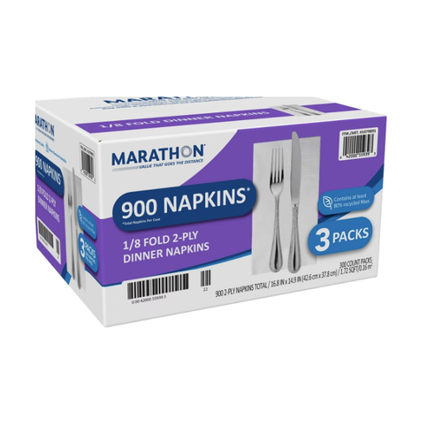 Marathon 1/8 Fold Dinner Napkins, 2-Ply, White, 900 ct