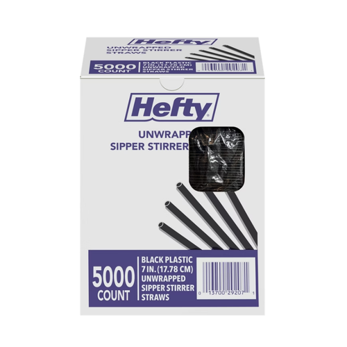 Hefty Unwrapped Plastic Sipper Stirrer Straws, 7", Black, 5000 ct