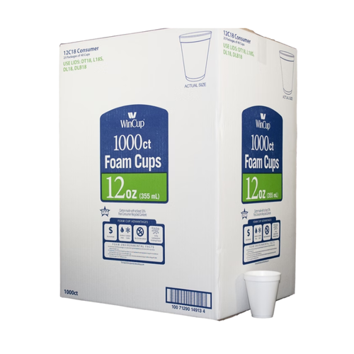 WinCup Foam Cold and Hot Cups, 12 oz, White, 1000 ct