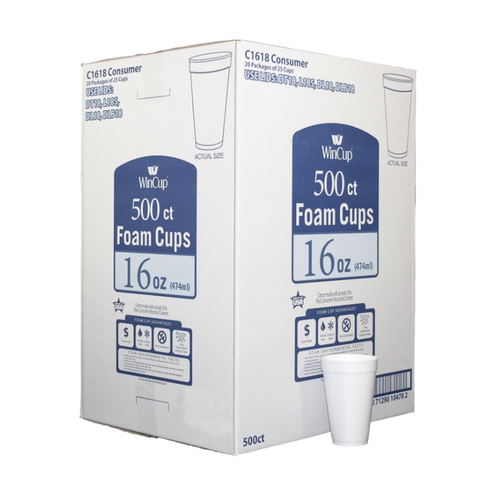 WinCup Foam Cold and Hot Cups, White, 16 oz, White, 500 ct