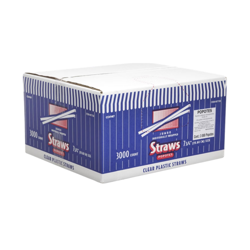 Comet 7-3/4" Wrapped Plastic Straws, Clear, 3000 ct